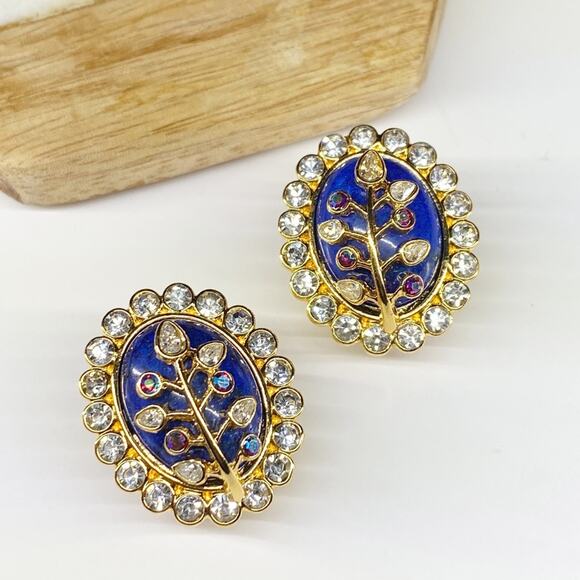 NEW Floral Rhinestone and Lapis Statement Earrings - Picture 2 of 16